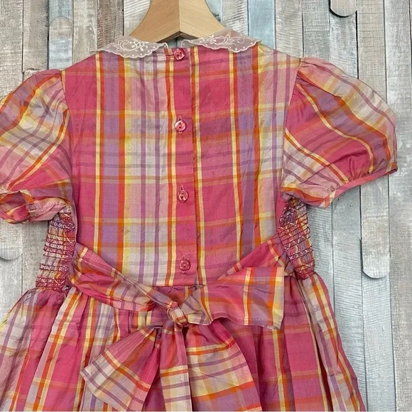 Laura Ashley 5 Vintage Girls Silk Smocked Lace Collar Plaid Dress Play Party - Picture 7 of 9